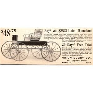 Union Buggy Co $85 Union Runabout Saginaw St Pontiac MI 1904 Clipping SAI7-H7